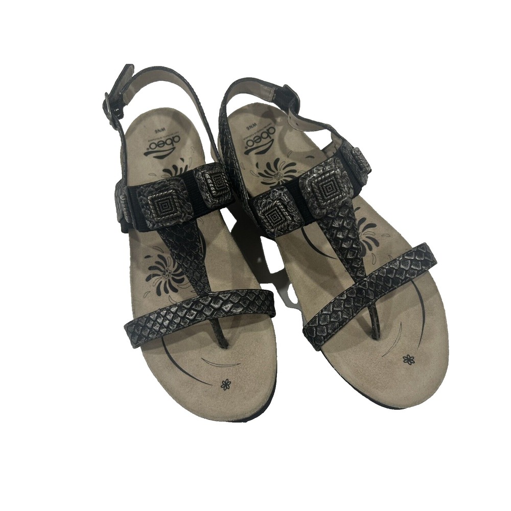 Abeo Women's Wedge Thong Buckle Sandals  Black Leather Etched Metallic 6 N